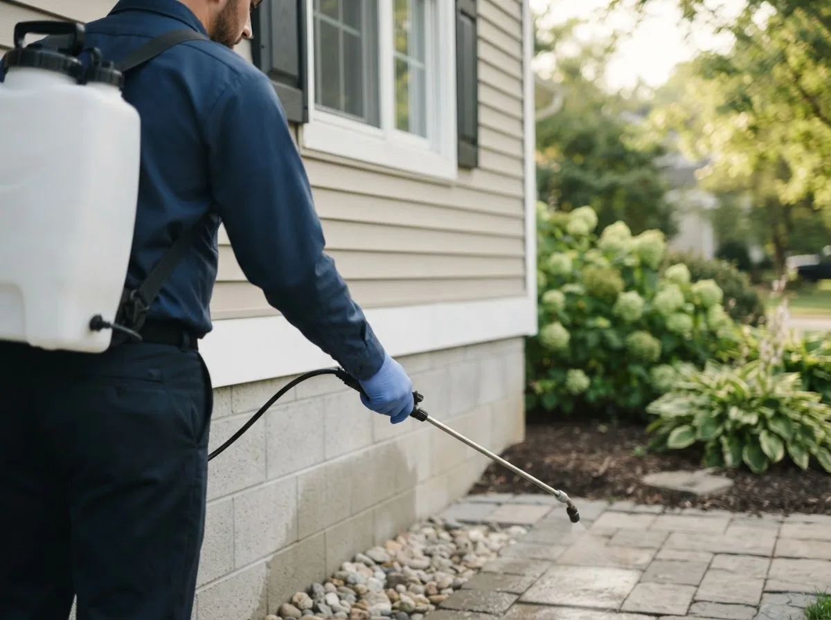 Pest control technician inspecting a home in Wilmot, OH